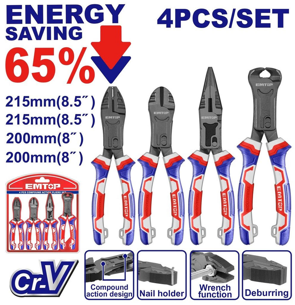 Juego de 4 pinzas de acción compuesta (4 Pcs compound action pliers set). EPLS2451