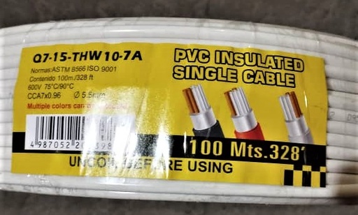 [#10-WHITE-7A] ROLLO DE CABLE ELECTRICO INDIVIDUAL BLANCO #10 X 328FT.-