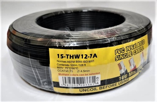 [#12-BLACK-7A] ROLLO DE CABLE ELECTRICO INDIVIDUAL NEGRO #12X328FT.-